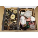 A box of mixed metalwares including small sized catering moulds plus a box of mixed ceramics and