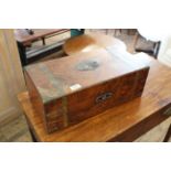 A mid Victorian walnut and brass bound writing box (as found)