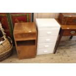 A 1930's walnut bedside cupboard and a painted four drawer small chest