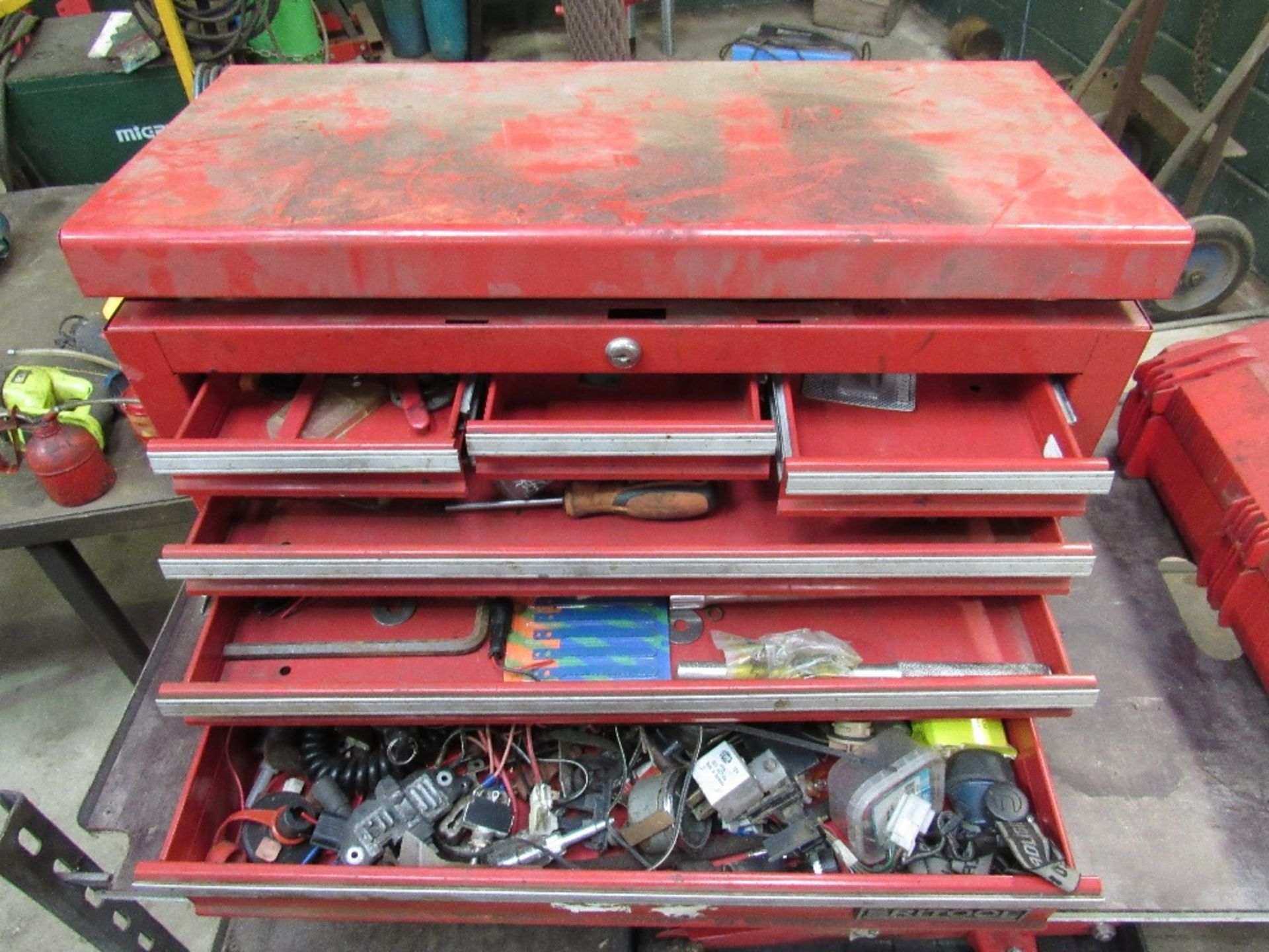 Brit tool box and contents and three tier trolley
