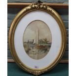 Stephen John Batchelder (1849-1932) a framed oval watercolour of a sailing yacht at anchor with