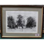 A pen and ink of a park scene with children at play