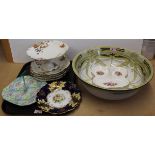 A Royal Doulton 'Aubrey' pattern Art Nouveau washbowl, four Limoges plates, a comport,