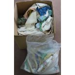A very large box and bag of mixed linens including tablecloths and handkerchiefs etc (extensive
