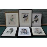 Nine framed prints of female portraits c1930 plus a framed watercolour 'These Bewitching Eyes',
