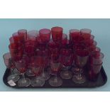 Various part sets of cranberry glass drinking glasses (one as found)