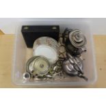 A box of mixed silver plated items plus cased fish eaters,