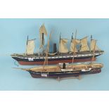 Two vintage scratch built ships, one with sails (both requiring repair),