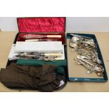 Various mixed cutlery including cased fish servers with silver collars, silver handled cake knife,