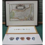 A framed printed Saxton's map of Suffolk plus framed and loose Susie Yates prints of shells,
