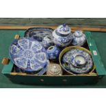 A selection of vintage Oriental blue and white and polychrome ceramics including a lidded ginger