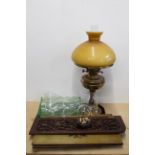 A vintage Duplex oil lamp with shade plus two painted wooden panels and mixed glassware etc