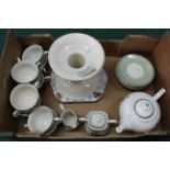 A box of mixed tea wares and ceramics