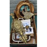 A box of mixed mainly metal wares including a cherub decorated wall sconce,