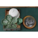 A large white leaf moulded stilton cheese dish,