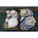 Two boxes of assorted dinner and tea wares including blue and white Staffordshire dishes etc