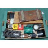 A box of mixed items including three Victorian picture frames, bedside clock,