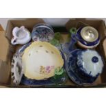 A box of mixed ceramics and glassware including a cheese dome,