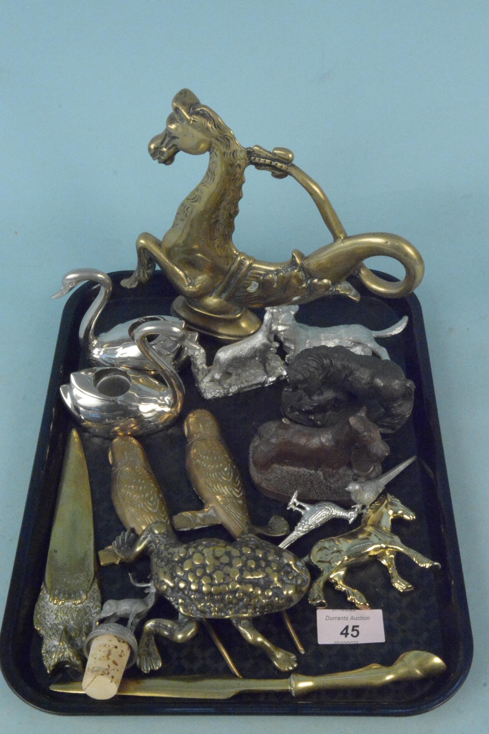 Mainly metalware with animal connections including a brass horse,