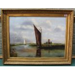A late 19th Century framed oil on canvas of a wherry passing St Benets Abbey on the River Bure