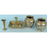 A pair of Oriental brass vases together with a 19th Century brass chamberstick and a fluted
