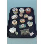 Various small metal and ceramic pill/trinket boxes including Halcyon Days, Crown Staffordshire,