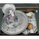 A box of various china including a jug and bowl,