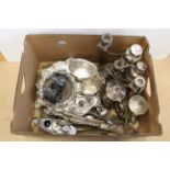 A box of various silver plated wares including two WMF cup holders, two cocktail shakers,