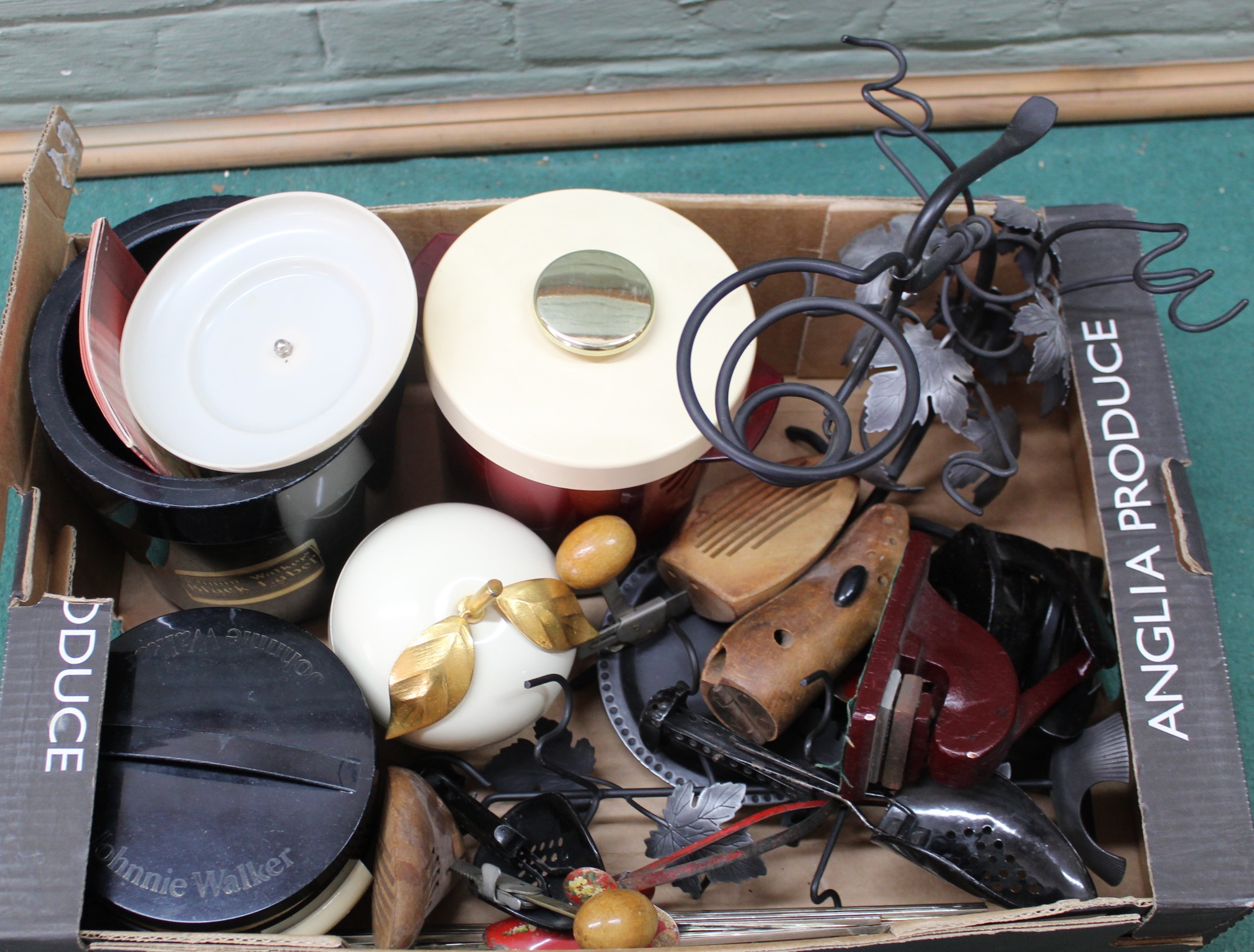 Assorted items to include vintage ice buckets, cast iron stamps,