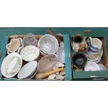 A box of assorted pottery, glass and copper vintage jelly moulds plus a selection of plates, jugs,