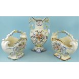 An unusual Victorian china garniture comprising of a vase,