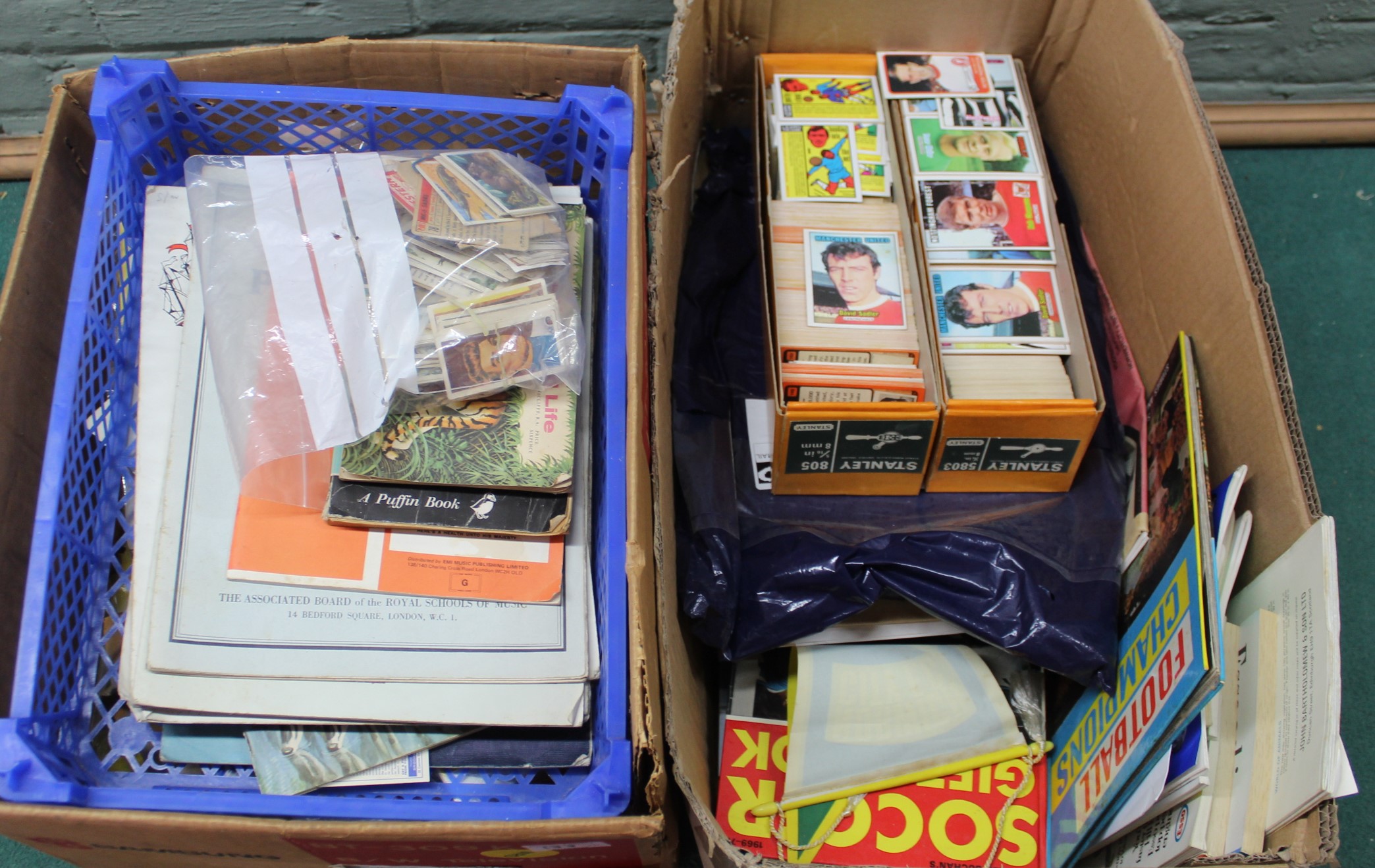 Two boxes of football related ephemera including 1970's A&BC collectors cards,