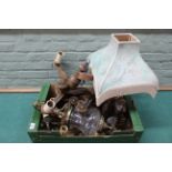 A large box of mixed wood and metal light fittings including a stone horse based table lamp