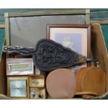 A box of mixed items including a gilt framed mirror, a wool work of animals, a small barometer,