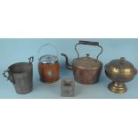 A vintage copper kettle plus a wooden ice bucket etc