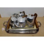 A very large silver plated tray with two further trays and a Picquot ware and a Newmaid tea set