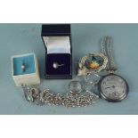 A collection of silver and white metal jewellery including rings, brooch,