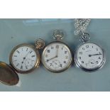 A gold plated full hunter Waltham pocket watch together with a military issued pocket watch and an