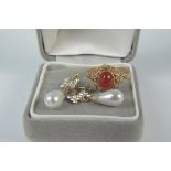 9ct gold simulated pearl earrings plus a 9ct gold stone set ring