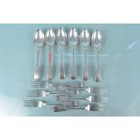 A set of six silver forks and spoons, hallmarked Birmingham 1900,