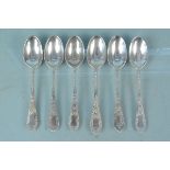 A set of six foliate engraved silver teaspoons, hallmarked London 1897/1898, maker Wakely & Wheeler,