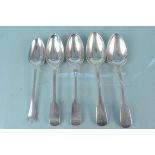 Five silver serving spoons including a pair of Georgian,
