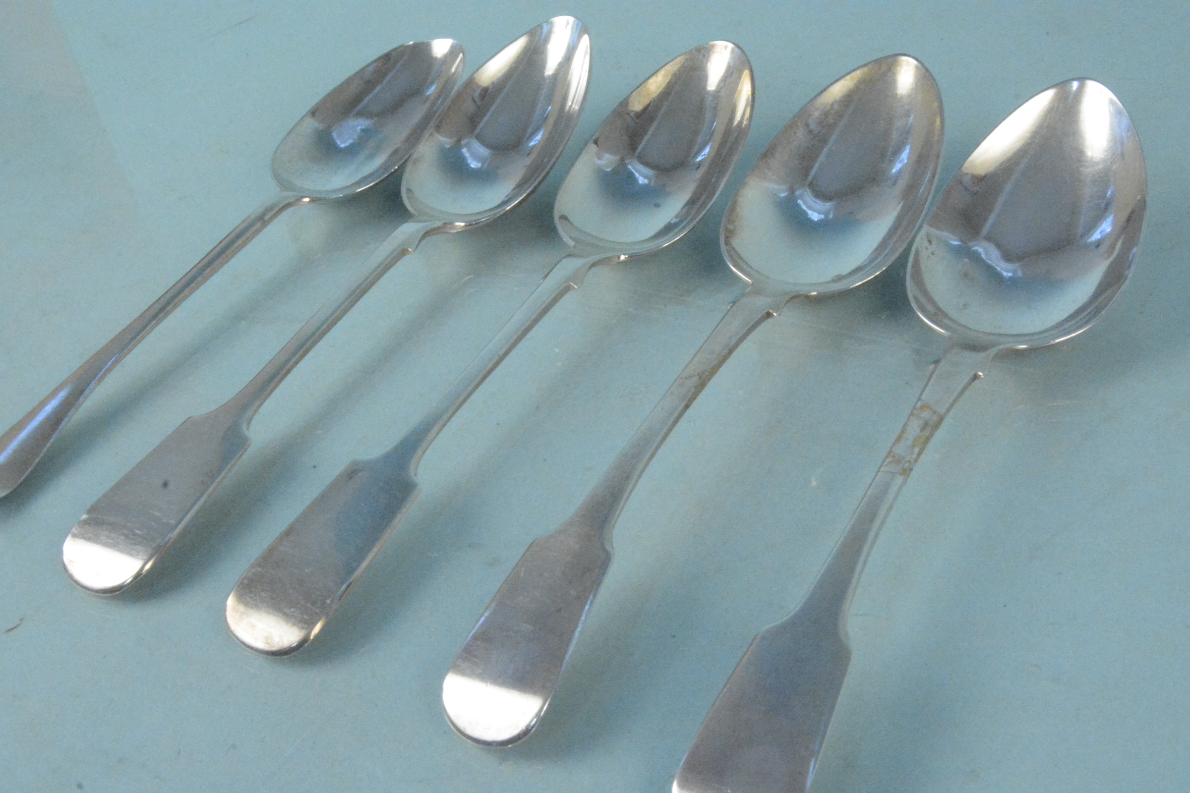 Five silver serving spoons including a pair of Georgian, - Image 2 of 3