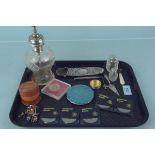 A mixed lot of collectables including a silver mounted perfume bottle, silver case (as found),