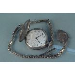 An Omega silver hunter pocket watch with silver watch chain