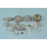 A mixed lot to include silver and costume jewellery, Indian white metal nurses buckle,