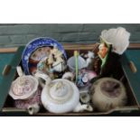 A box of assorted pottery and porcelain including Imari, pink lustre,