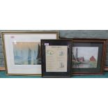 A framed watercolour of ships leaving harbour,