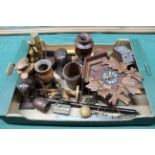 An assortment of treen items including carved animals and figures,