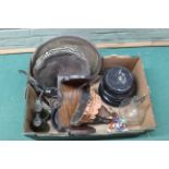 A mixed box of items including plated trays,